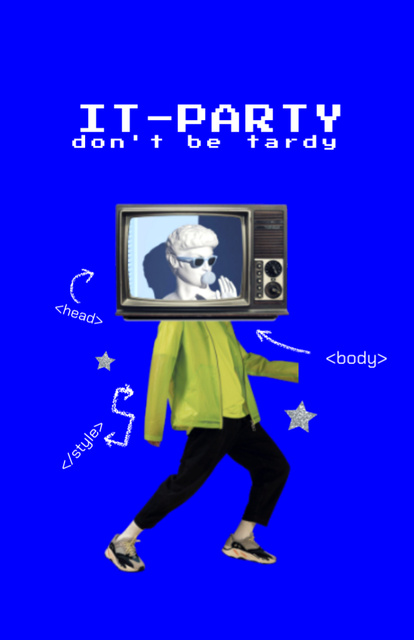 Plantilla de diseño de IT – Party Announcement with TV-headed Man In Blue Flyer 5.5x8.5in 