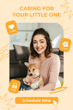 Designvorlage Pet Care Service Werbung mit Frau und Corgi-Hund für Pinterest