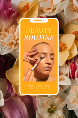 Excellent Beauty Routine Ad with Woman Applying Makeup Pinterest Design Template
