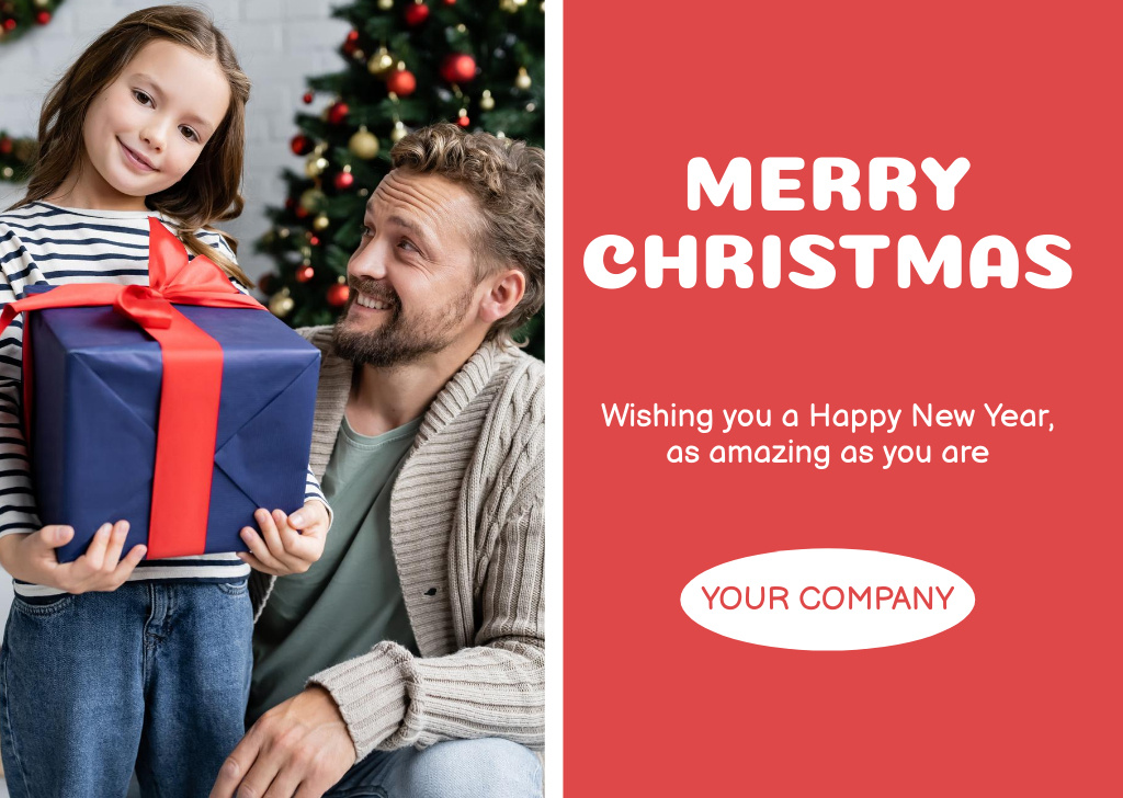 Template di design Christmas and New Year Cheers Father and daughter with Present Postcard