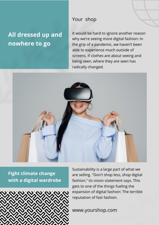 Mulher com óculos VR experimentando vestidos online Newsletter Modelo de Design