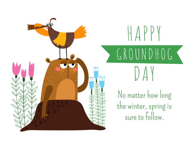 Groundhog Day Greeting With Illustration Postcard 4.2x5.5in Tasarım Şablonu