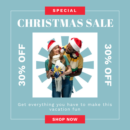 Multiracial Couple on Christmas Sale Blue Instagram AD Design Template