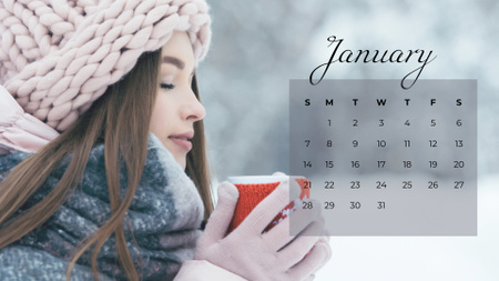 Plantilla de diseño de mujer, en, invierno, sombrero, tenencia, taza Calendar 