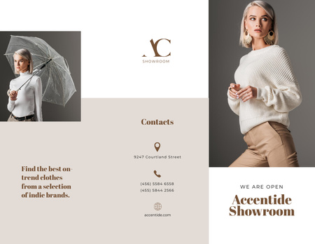 Plantilla de diseño de Oferta Showroom con mujer en ropa elegante Brochure 8.5x11in 