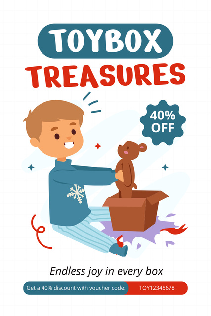 Designvorlage Discount on Toys with Boy and Teddy Bear für Pinterest