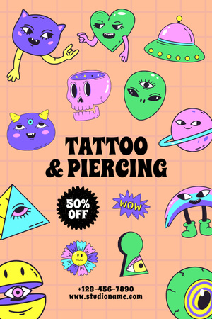 Plantilla de diseño de Personajes coloridos para servicio de tatuajes y piercings con descuento Pinterest 