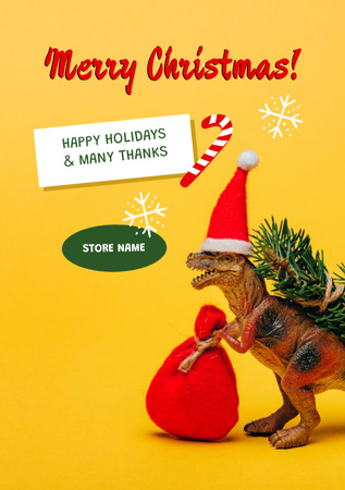 Christmas Greeting with Funny Dinosaur Postcard A5 Vertical Design Template