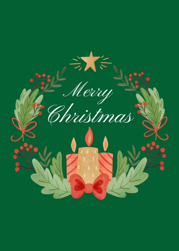 Illustrated Christmas Greeting with Wreath and Candles In Green Postcard 5x7in Vertical – шаблон для дизайна