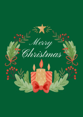 Illustrated Christmas Greeting with Wreath and Candles In Green