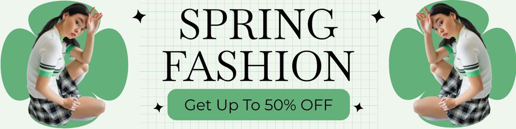 Spring Fashion Sale with Young Asian Woman Twitter Design Template