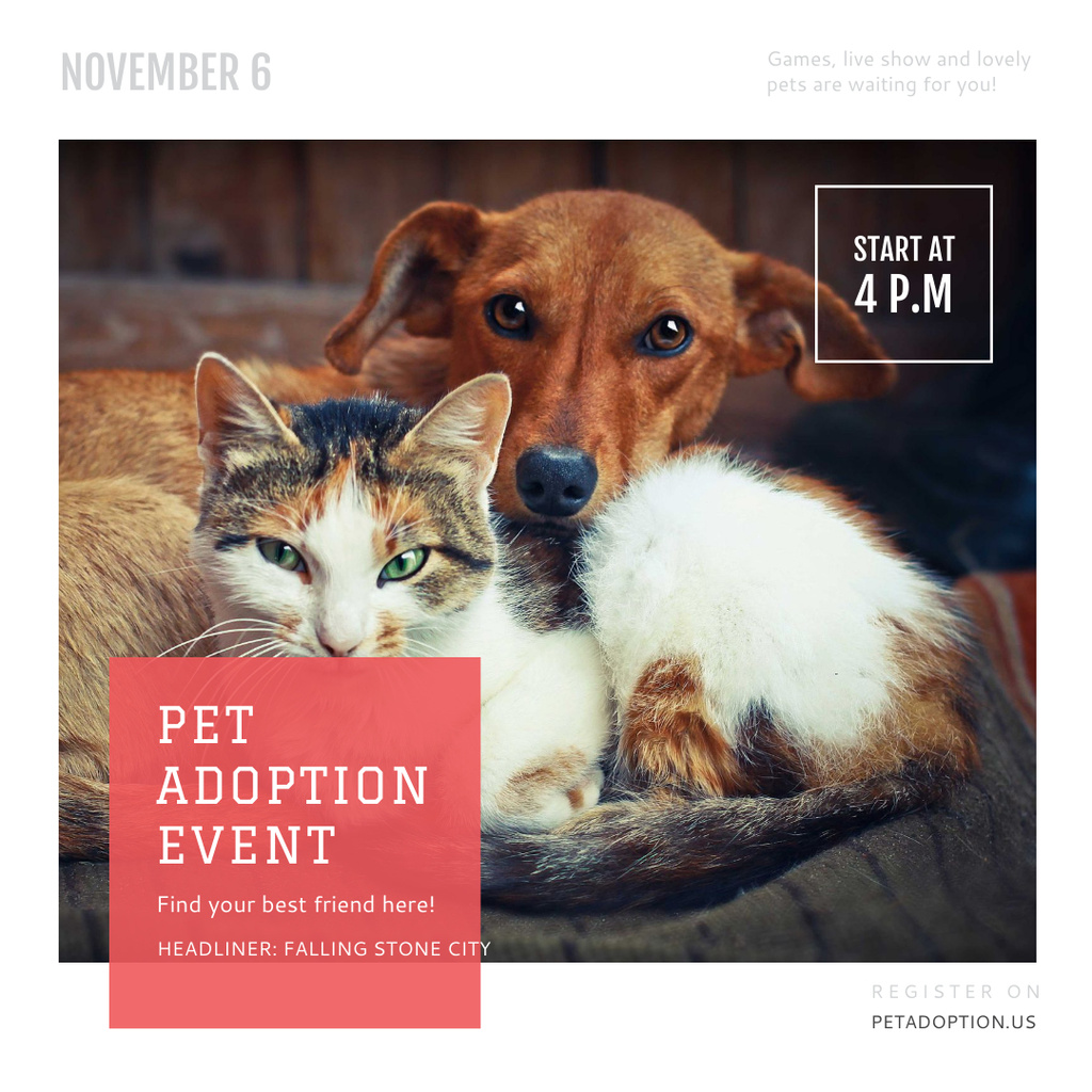 Pet Adoption Event Dog and Cat Hugging Instagram ADデザインテンプレート