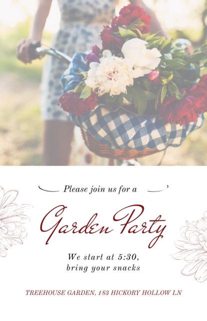Riding Bicycle With Flowers on Garden Party Invitation 5.5x8.5in Design Template
