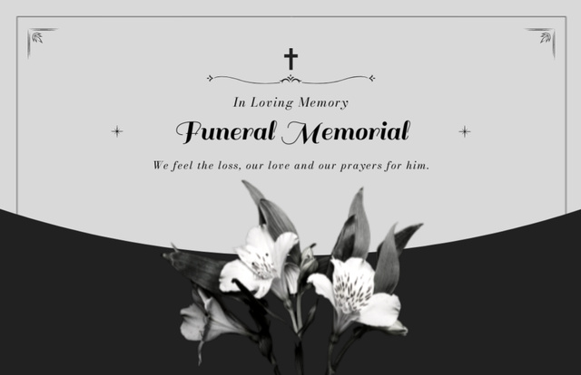 Deepest Sympathy Phrase with Black and White Flowers Thank You Card 5.5x8.5in Design Template