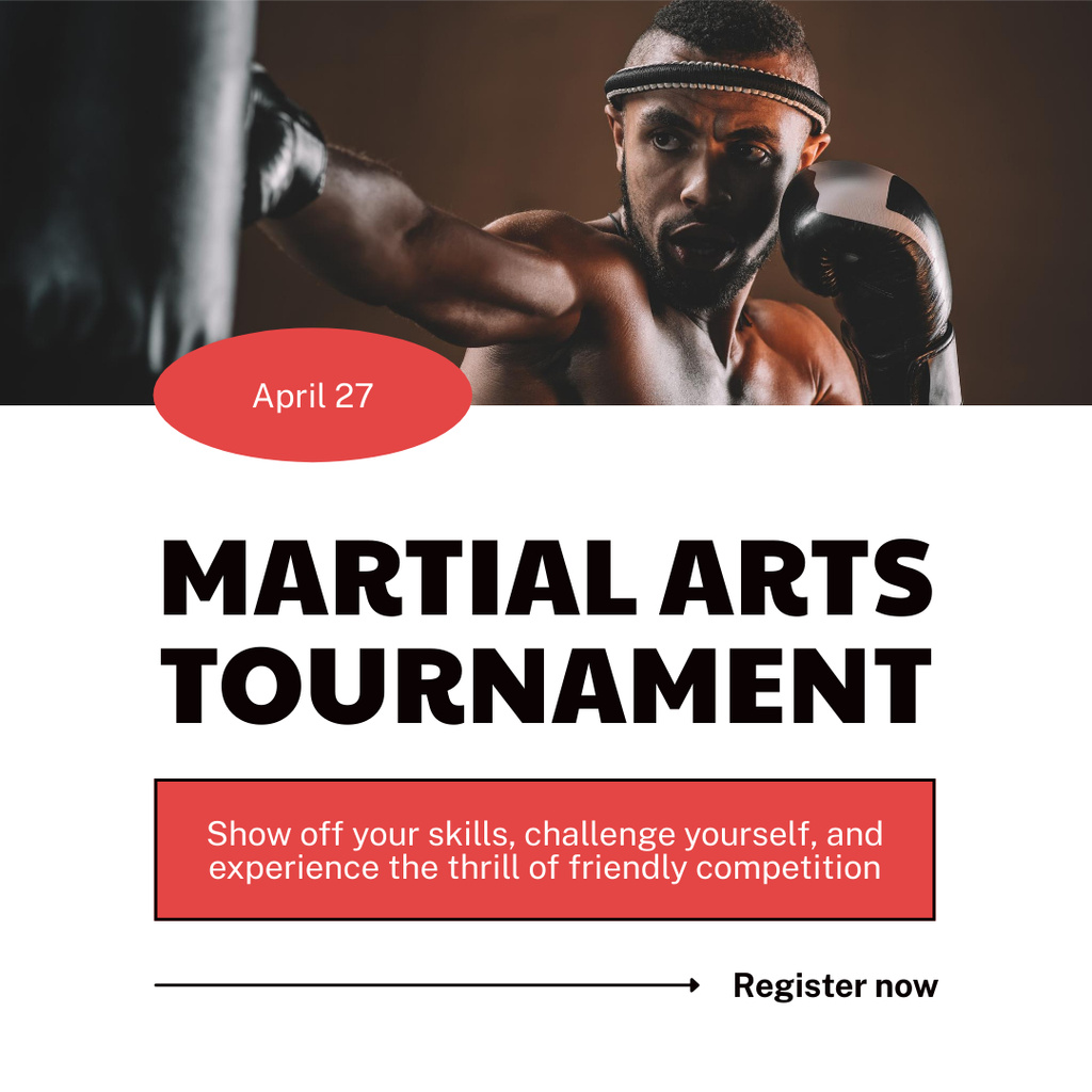 Martial Arts Tournament Announcement with Strong Fighter Instagram ADデザインテンプレート