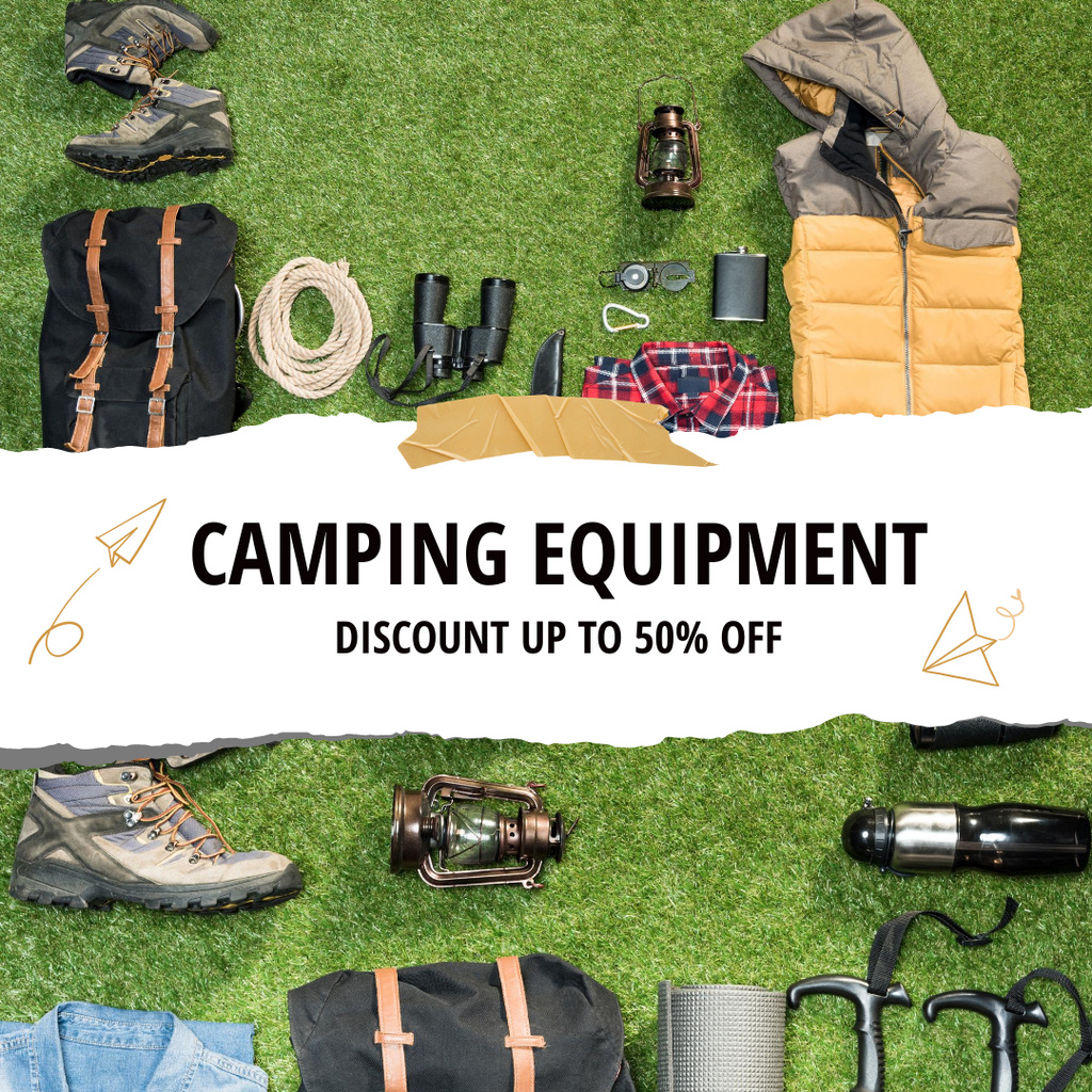 Szablon projektu Camping Equipment With Discounts And Clearance With Shoes Instagram AD