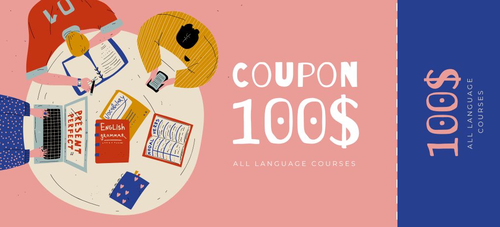 Language Courses Offer With Books And Laptop Coupon 3.75x8.25in tervezősablon