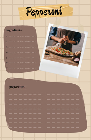 Template di design deliziosa pizza al salame piccante sul piatto Recipe Card