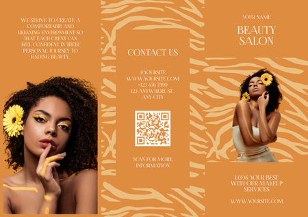 Ontwerpsjabloon van Brochure van Advertentie voor schoonheidssalon met aantrekkelijke vrouw met lichte make-up