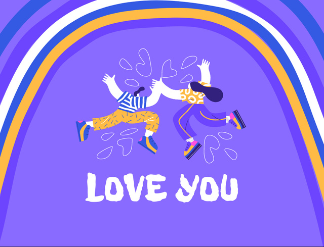 Ontwerpsjabloon van Postcard 4.2x5.5in van Love Phrase With Cartoon  Couple And Rainbow