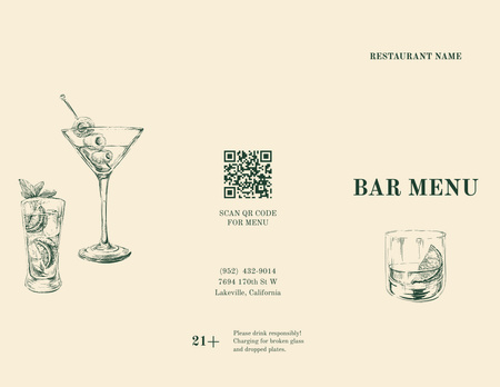 Bar Cocktails sketches Menu 11x8.5in Tri-Fold Design Template