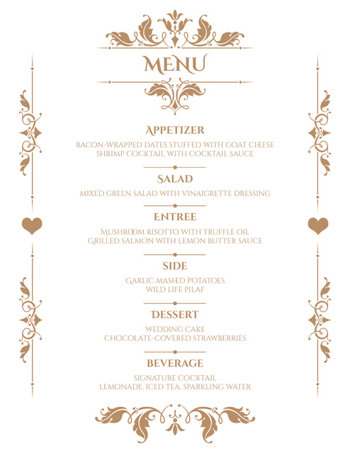 Royal Style Ornate Wedding Appetizers List Menu 8.5x11in Design Template