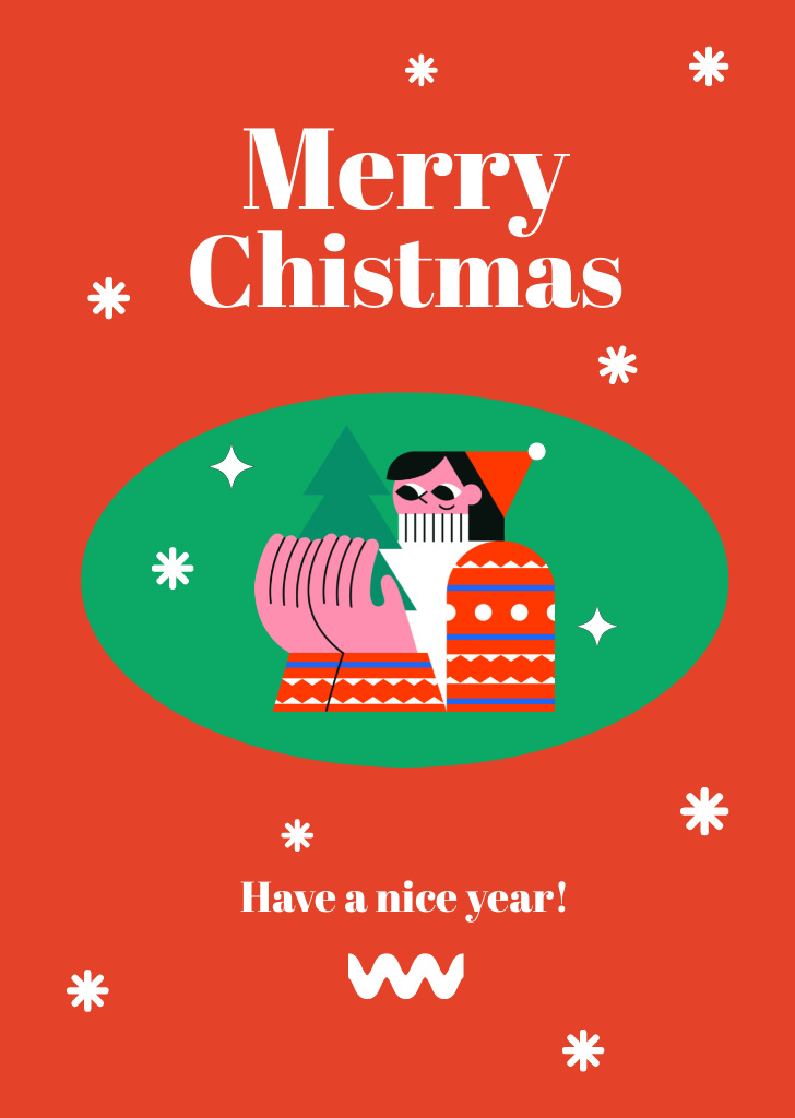 Christmas Greetings Illustrated with Girl on Red Postcard A6 Vertical Design Template
