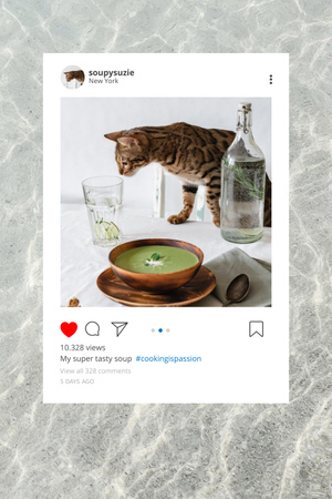 Cute Cat on Table near Soup Bowl Pinterest Design Template