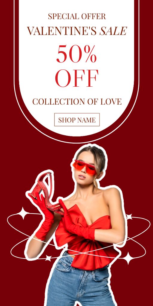 Valentine's Day Discount with Beautiful Woman on Red Graphic Πρότυπο σχεδίασης
