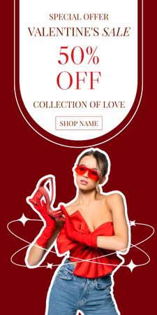 Valentine's Day Discount with Beautiful Woman on Red Graphic Design Template