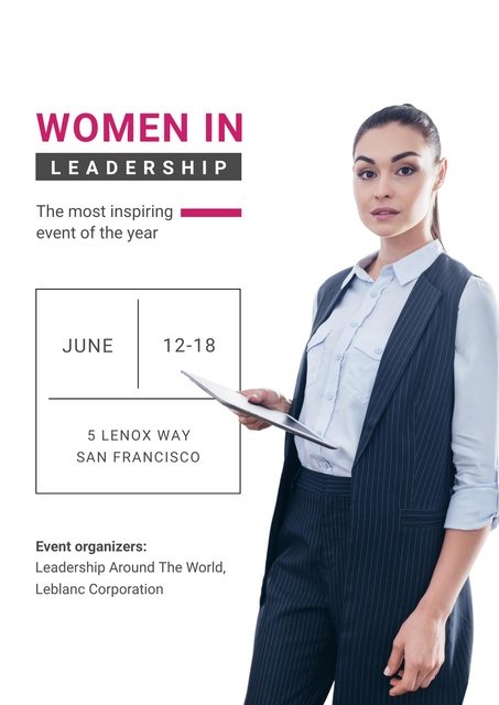 Business Event Announcement with Smiling Businesswoman Poster Modelo de Design