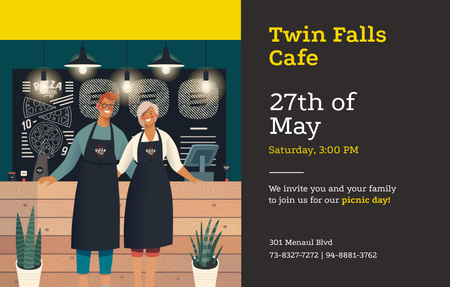 Szablon projektu Niesamowita ilustracja na dzień otwarcia kawiarni i piknik Invitation 4.6x7.2in Horizontal