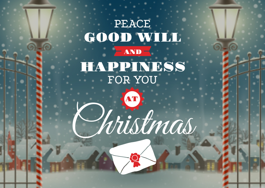 Christmas Greeting Card with Snowy Night Village Postcardデザインテンプレート