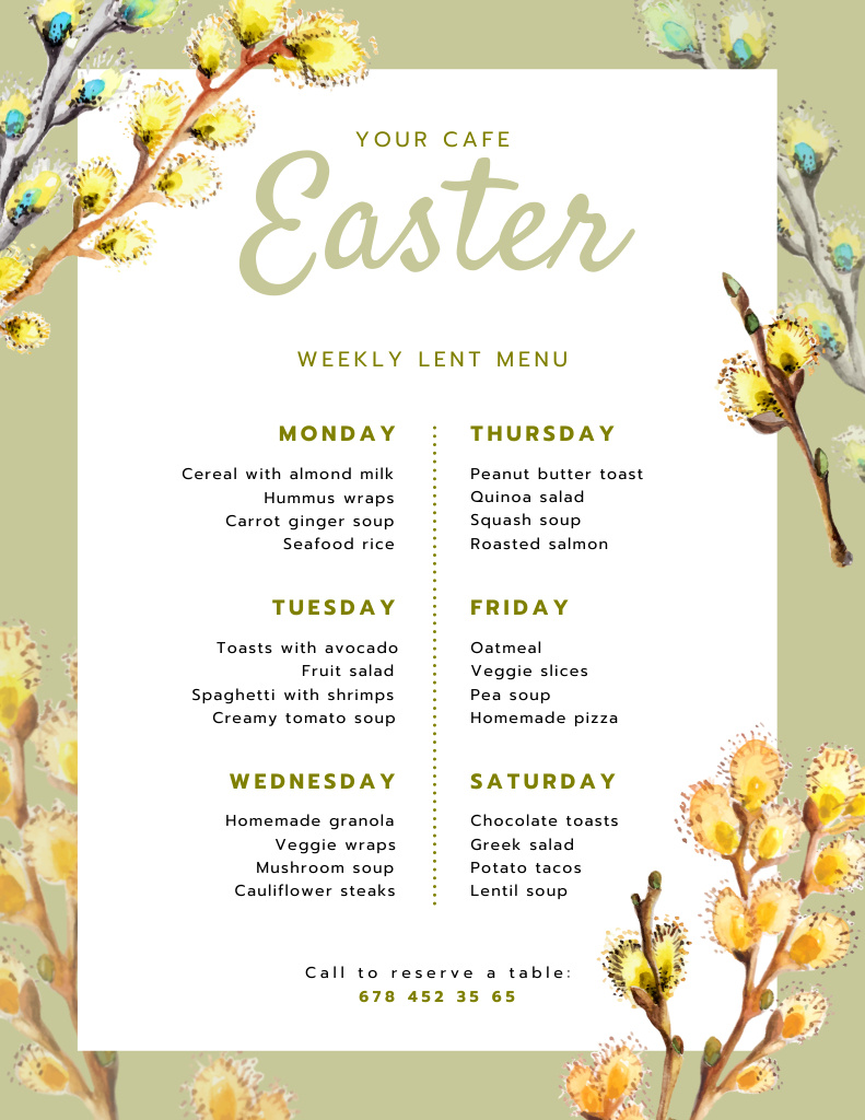 Offer of Easter Meals with Pussy Willow Twigs on Green Menu 8.5x11in – шаблон для дизайна