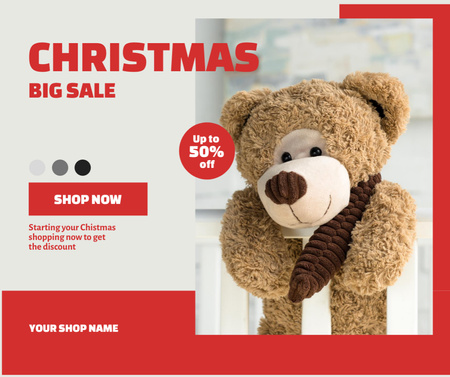 Christmas Big Sale Announcement with Cute Teddy Bear Facebook Design Template