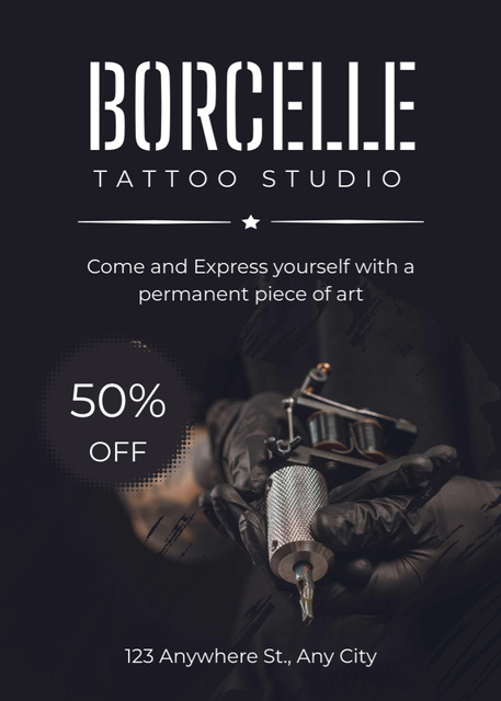 Ontwerpsjabloon van Flayer van Creative Tattoo Studio Service With Discount And Tool