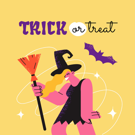 Halloween Mood with Cute Witch with Broom Animated Post Design Template
