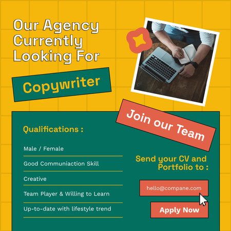 Agency is Looking for Copywriter Green and Yellow Instagram Design Template