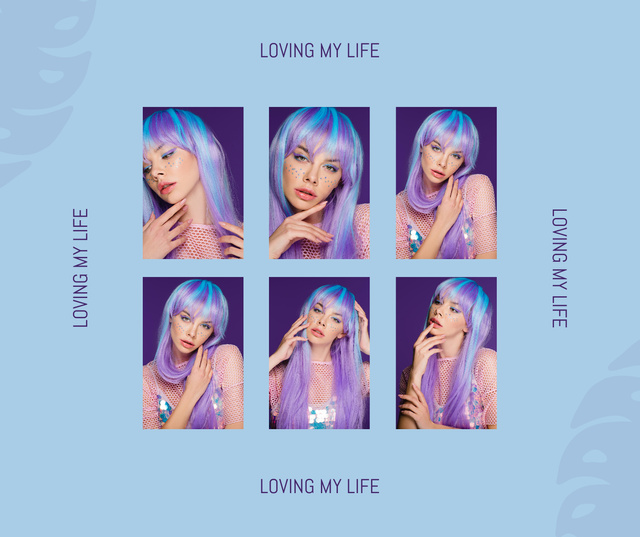 Plantilla de diseño de Motivational Collage with Attractive Woman with Lilac Hair Facebook 1430x1200px 