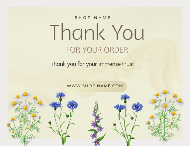 Thank You For Purchase Message with Wildflowers Thank You Card 5.5x4in Horizontal Design Template