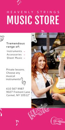Music Store Ad Woman Selling Guitar Graphic Modelo de Design