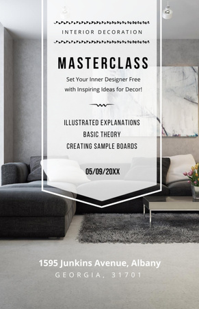 Designvorlage Meisterklasse-Werbung für Innendekoration mit großer Eckcouch in Grau für Flyer 5.5x8.5in