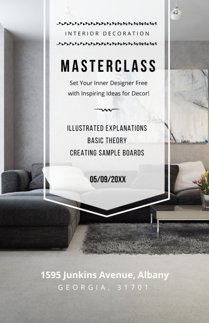 Designvorlage Interior Decoration Masterclass Ad with Big Corner Couch in Grey für Flyer 5.5x8.5in