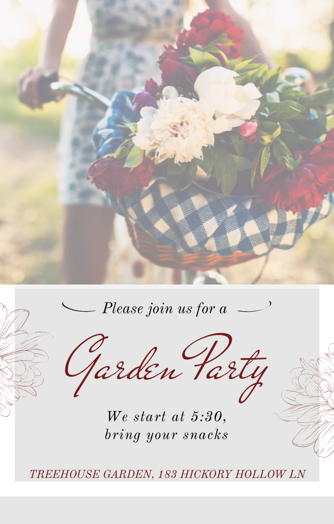 Girl riding bicycle with flowers at Garden Party Invitation 4.6x7.2in Design Template