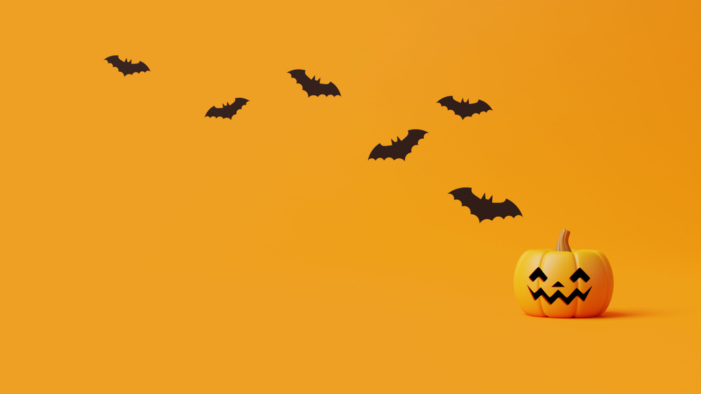 Black Bats Flying And Jack-o'-lantern In Orange Zoom Background Modelo de Design