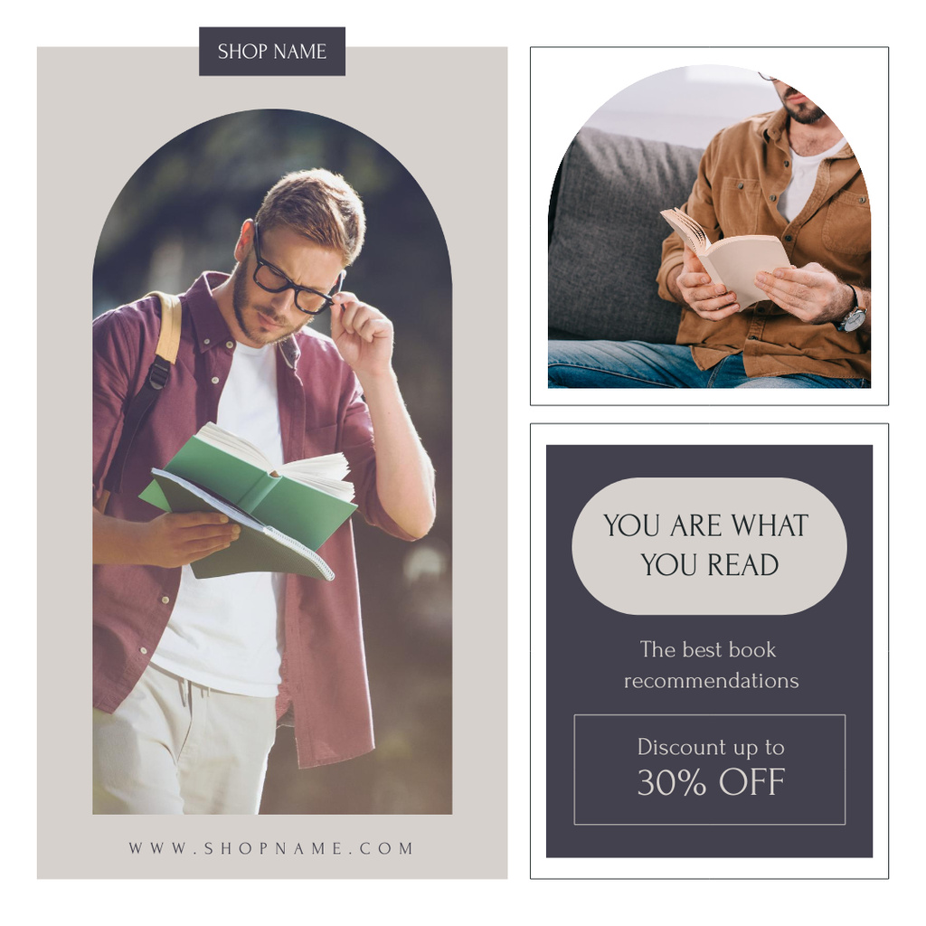 Designvorlage Handsome Young Man Reading Book für Instagram
