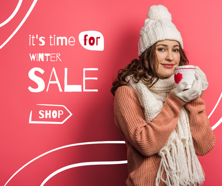 Ontwerpsjabloon van Facebook van Winter Sale Announcement with Girl in Warm Clothes