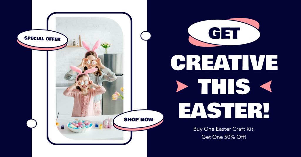 Designvorlage Easter Offer with Mom and Daughter in Cute Bunny Ears für Facebook AD