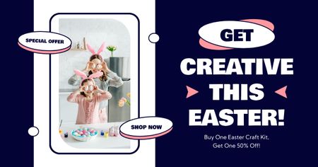 Plantilla de diseño de Oferta de Pascua con mamá e hija con lindas orejas de conejo Facebook AD 