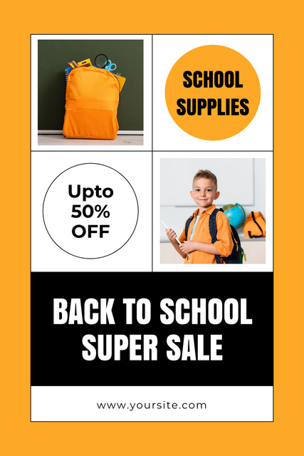 Super Sale School Supplies with Orange Frame Pinterest Design Template